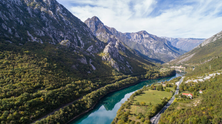 Aerial view of Neretva river canyon near Drežnica in Bosnia and